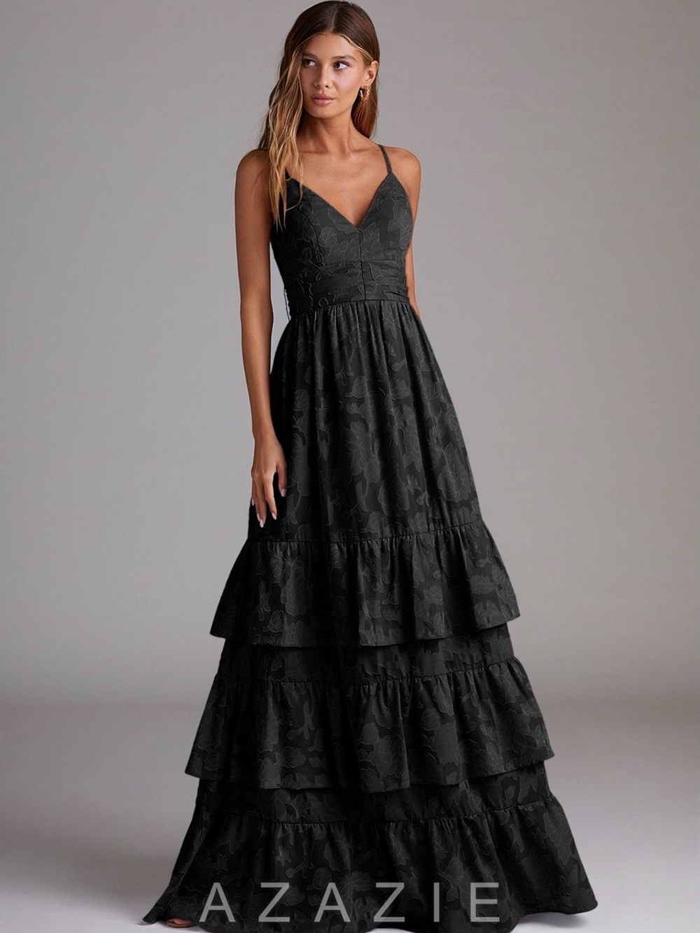 Azazie Black Lace Tiered Maxi Dress